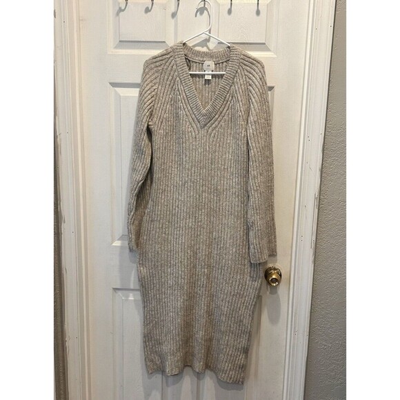 H&M Rib Knit Long Sleeve Sweater Dress Wool Blend Marled‎ Light Taupe Size Large - Picture 1 of 5